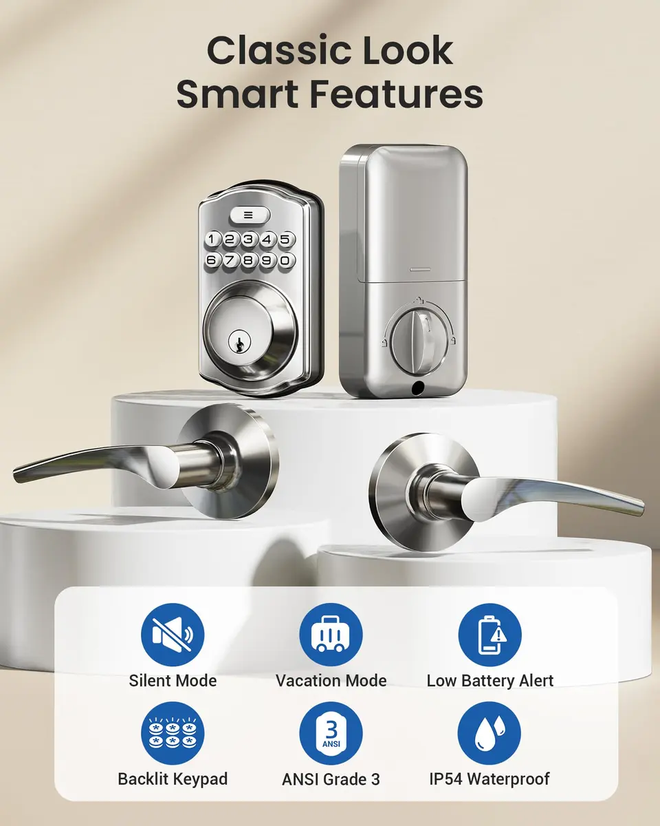 Veise KS01B Keypad Door Lock with 2 Lever Handles Set, Satin Nickel | Keyless Entry & Auto Lock - view 4