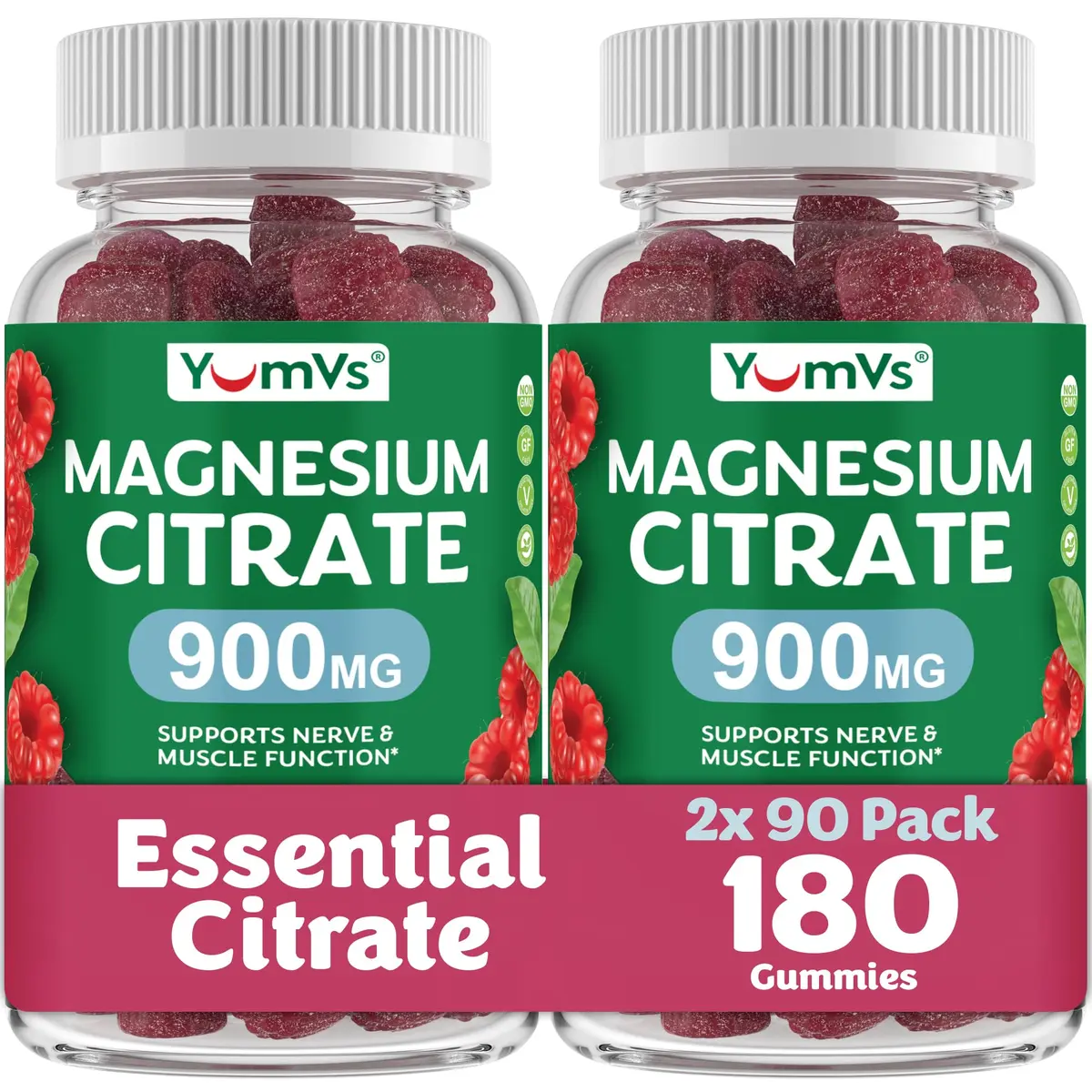 YUM-V'S Magnesium Citrate Gummies 900 mg | Raspberry Flavor, 90 Count, 2-Pack | Supports Nerve & Muscle Function - main product image
