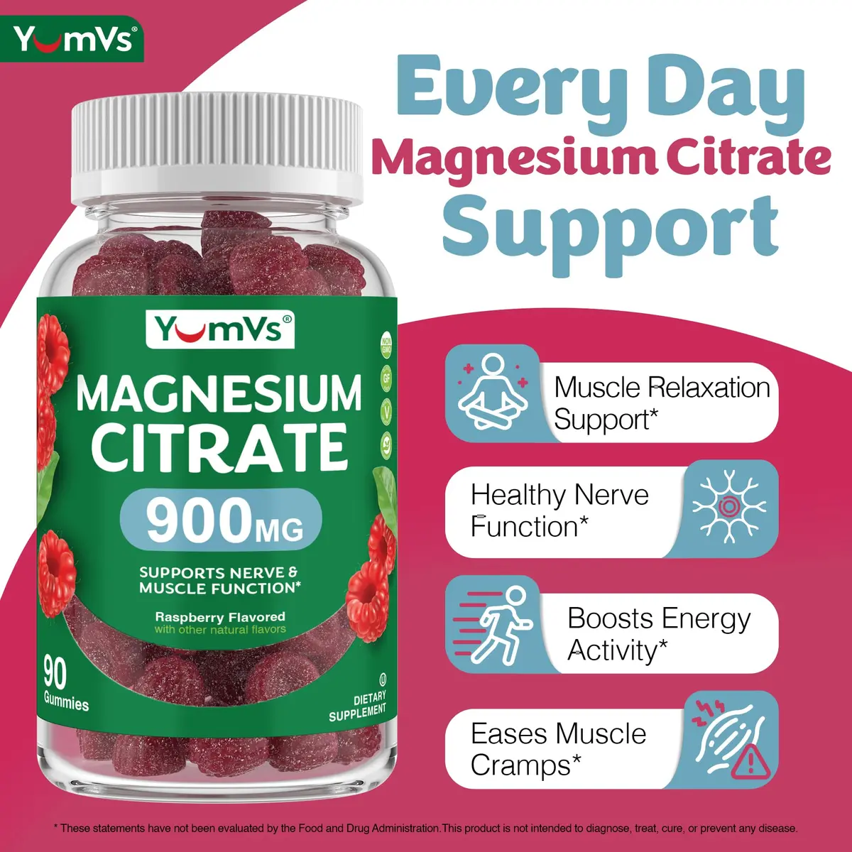 YUM-V'S Magnesium Citrate Gummies 900 mg | Raspberry Flavor, 90 Count, 2-Pack | Supports Nerve & Muscle Function - view 2