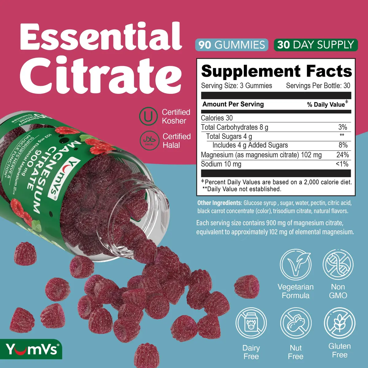 YUM-V'S Magnesium Citrate Gummies 900 mg | Raspberry Flavor, 90 Count, 2-Pack | Supports Nerve & Muscle Function - view 3