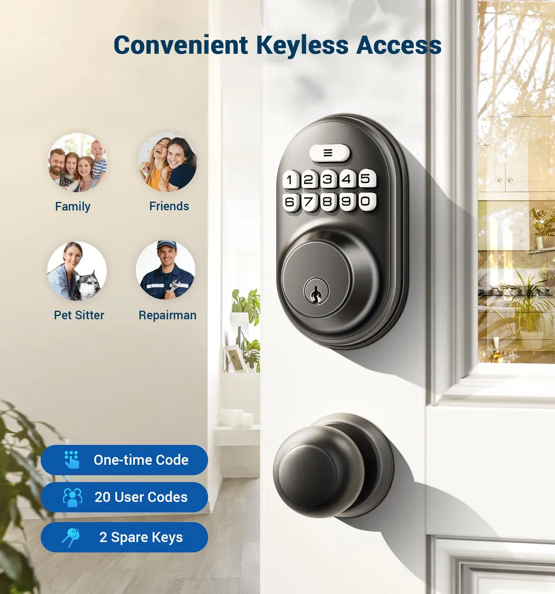 Veise RZ-A Electronic Deadbolt Door Lock, Matte Black | Keyless Entry & Auto Lock - view 2
