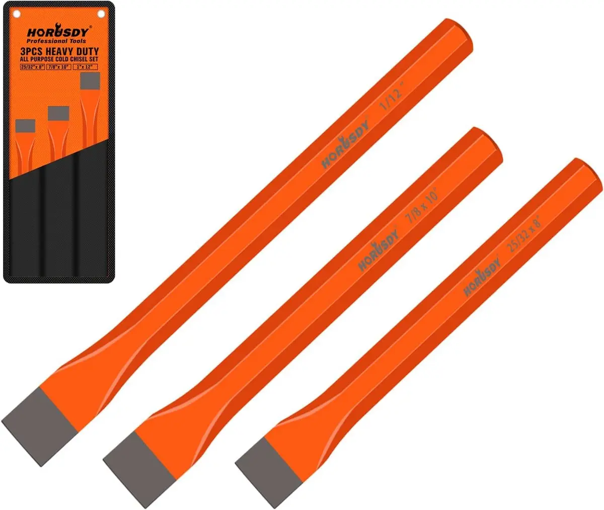HORUSDY Heavy Duty Cold Chisels Set 3-Piece (8", 10", 12") with Roll Pouch | Cr-V Steel for Metalworking & Masonry - main product image