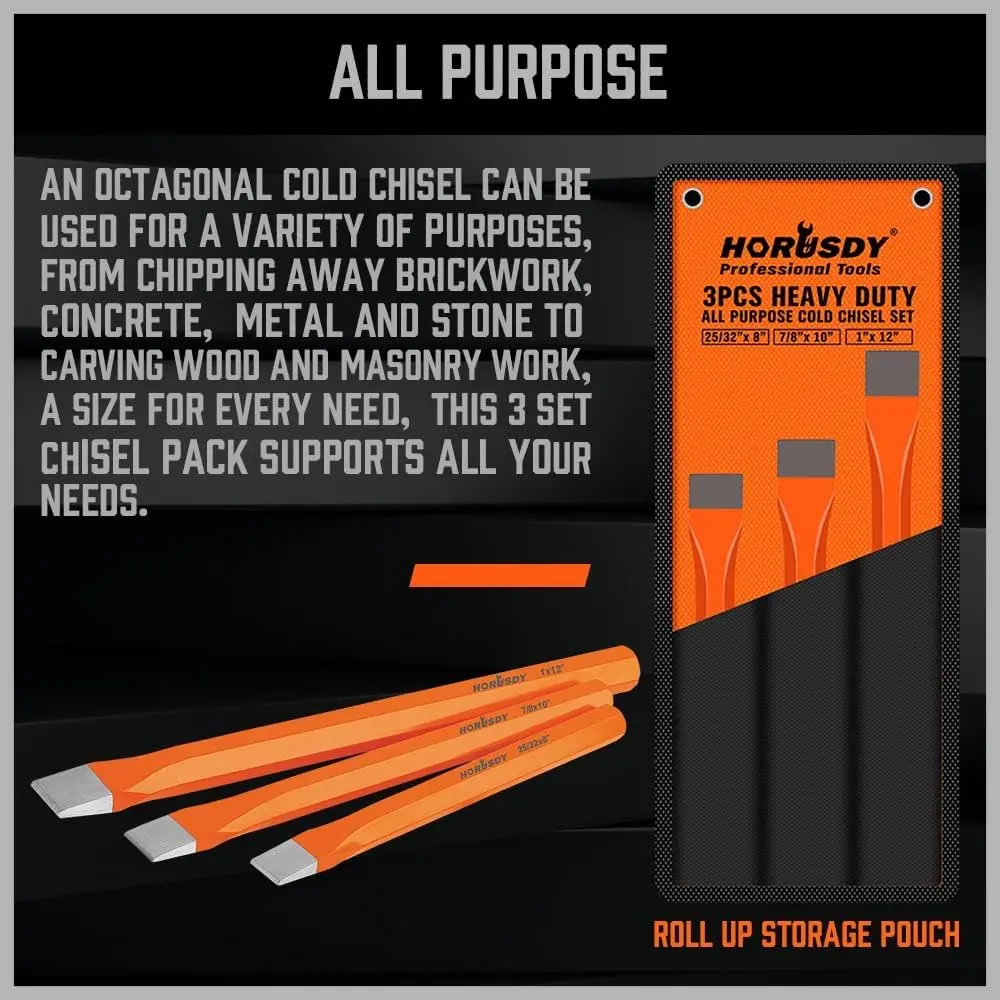 HORUSDY Heavy Duty Cold Chisels Set 3-Piece (8", 10", 12") with Roll Pouch | Cr-V Steel for Metalworking & Masonry - view 7
