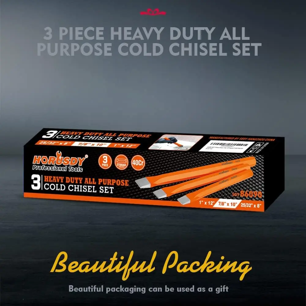 HORUSDY Heavy Duty Cold Chisels Set 3-Piece (8", 10", 12") with Roll Pouch | Cr-V Steel for Metalworking & Masonry - view 2