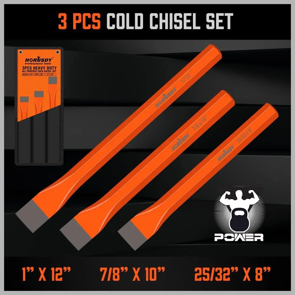 HORUSDY Heavy Duty Cold Chisels Set 3-Piece (8", 10", 12") with Roll Pouch | Cr-V Steel for Metalworking & Masonry - view 3