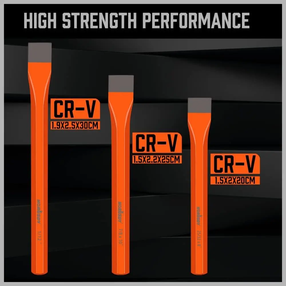 HORUSDY Heavy Duty Cold Chisels Set 3-Piece (8", 10", 12") with Roll Pouch | Cr-V Steel for Metalworking & Masonry - view 4