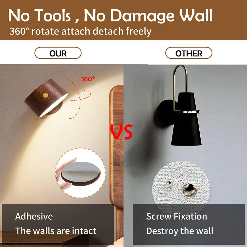 LANDGOO Wood Wall Sconce Bedside Lamp Rechargeable Night Light | Natural Wood, Dimmable, Portable - view 9