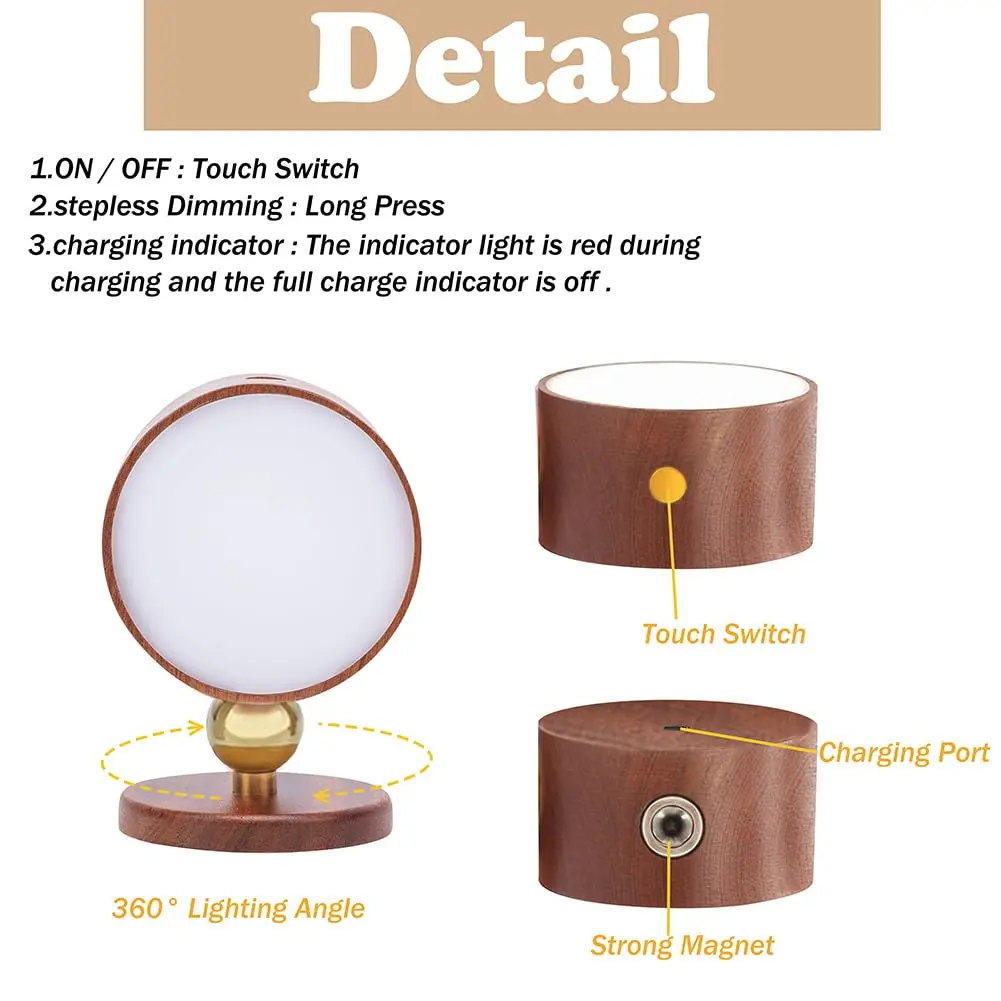 LANDGOO Wood Wall Sconce Bedside Lamp Rechargeable Night Light | Natural Wood, Dimmable, Portable - view 5
