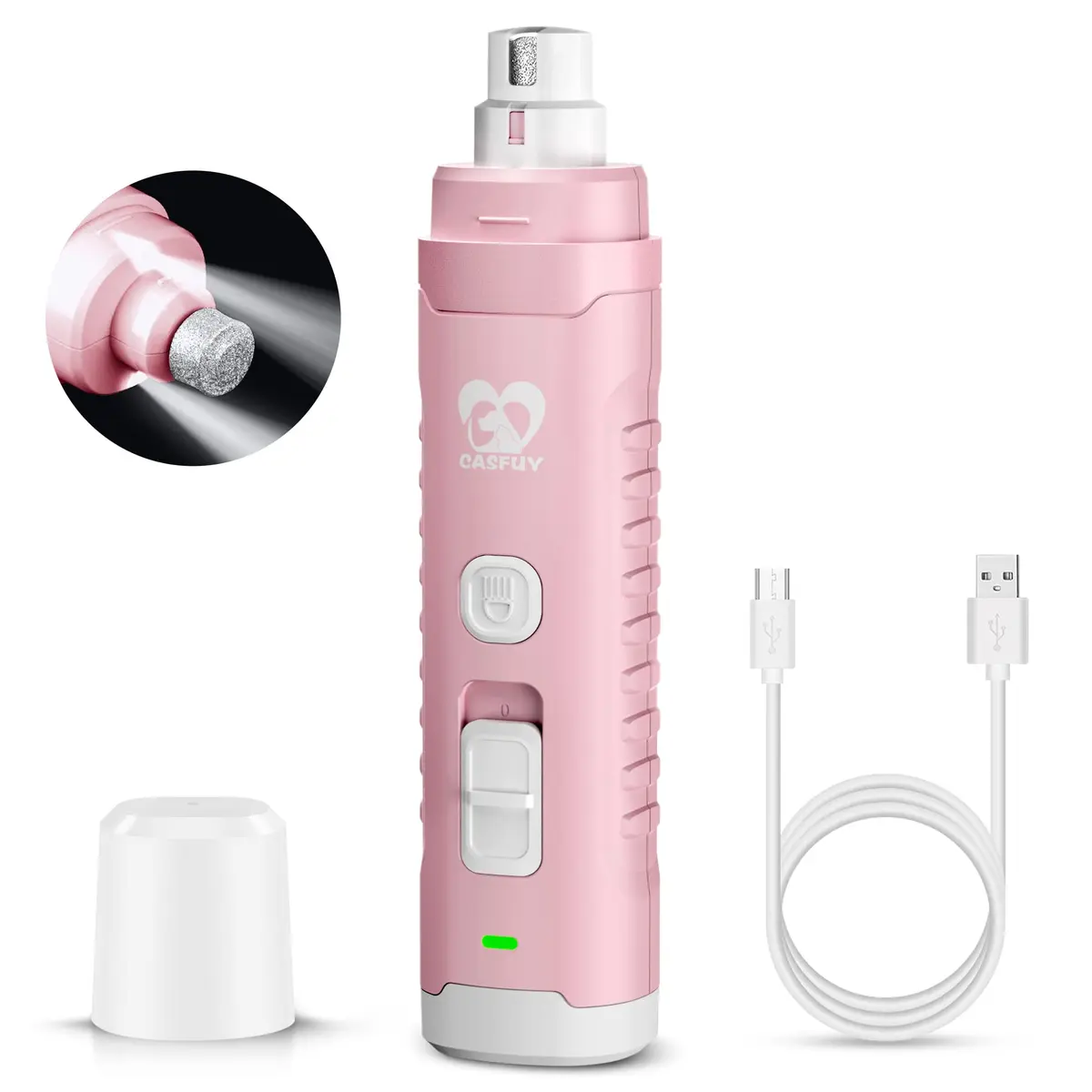 Casfuy Dog Nail Grinder with 2 LED Light | 2-Speed Rechargeable Quiet Painless Grooming Tool (70-120c) - main product image
