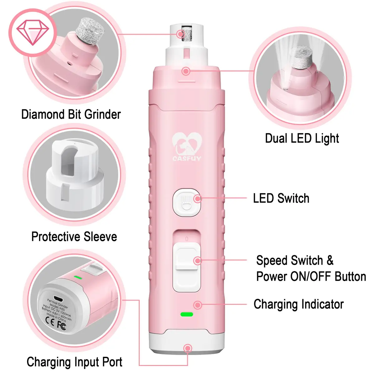 Casfuy Dog Nail Grinder with 2 LED Light | 2-Speed Rechargeable Quiet Painless Grooming Tool (70-120c) - view 6