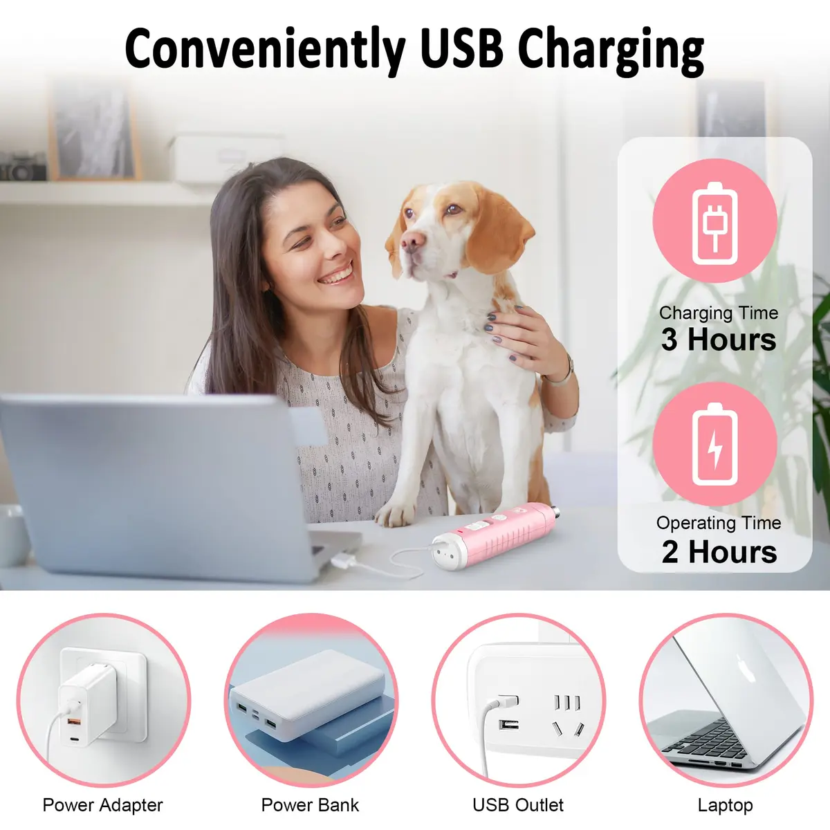 Casfuy Dog Nail Grinder with 2 LED Light | 2-Speed Rechargeable Quiet Painless Grooming Tool (70-120c) - view 7