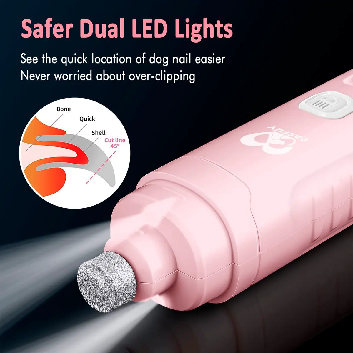 Casfuy Dog Nail Grinder with 2 LED Light | 2-Speed Rechargeable Quiet Painless Grooming Tool (70-120c) - view 3