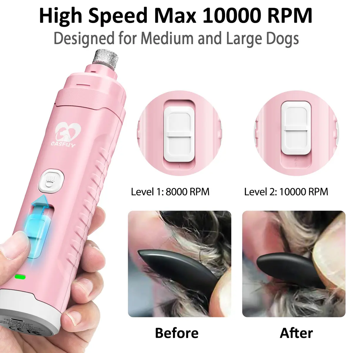 Casfuy Dog Nail Grinder with 2 LED Light | 2-Speed Rechargeable Quiet Painless Grooming Tool (70-120c) - view 4