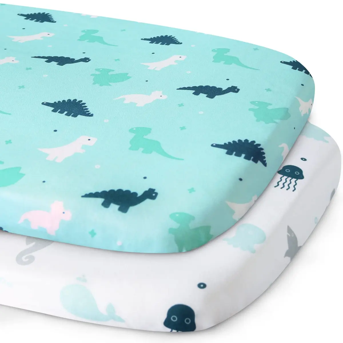 SPRINGSPIRIT Bassinet Sheets 2 Pack, Aqua Animal Print | Universal Fit for Rectangle, Oval, Hourglass Bassinet Mattress - main product image