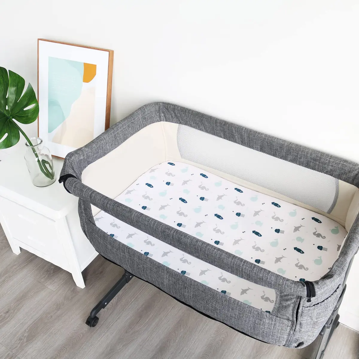 SPRINGSPIRIT Bassinet Sheets 2 Pack, Aqua Animal Print | Universal Fit for Rectangle, Oval, Hourglass Bassinet Mattress - view 3