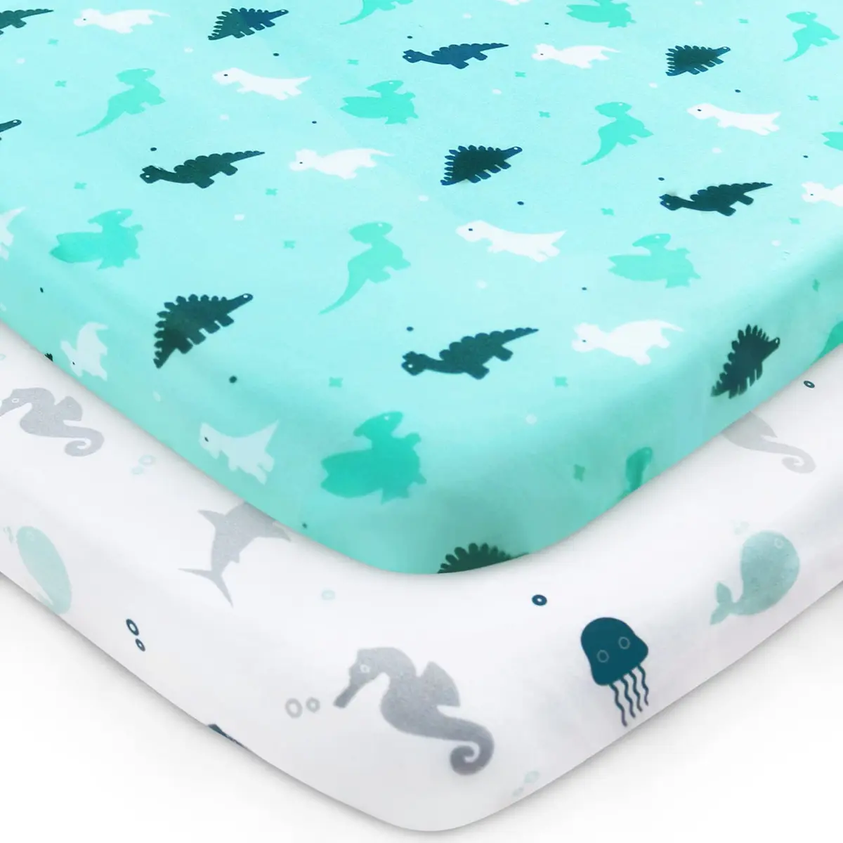 SPRINGSPIRIT Pack and Play Sheets 2-Pack | Aqua Dinosaurs & Ocean Print, 39"x27"x5" (99cm x 69cm x 13cm) - main product image