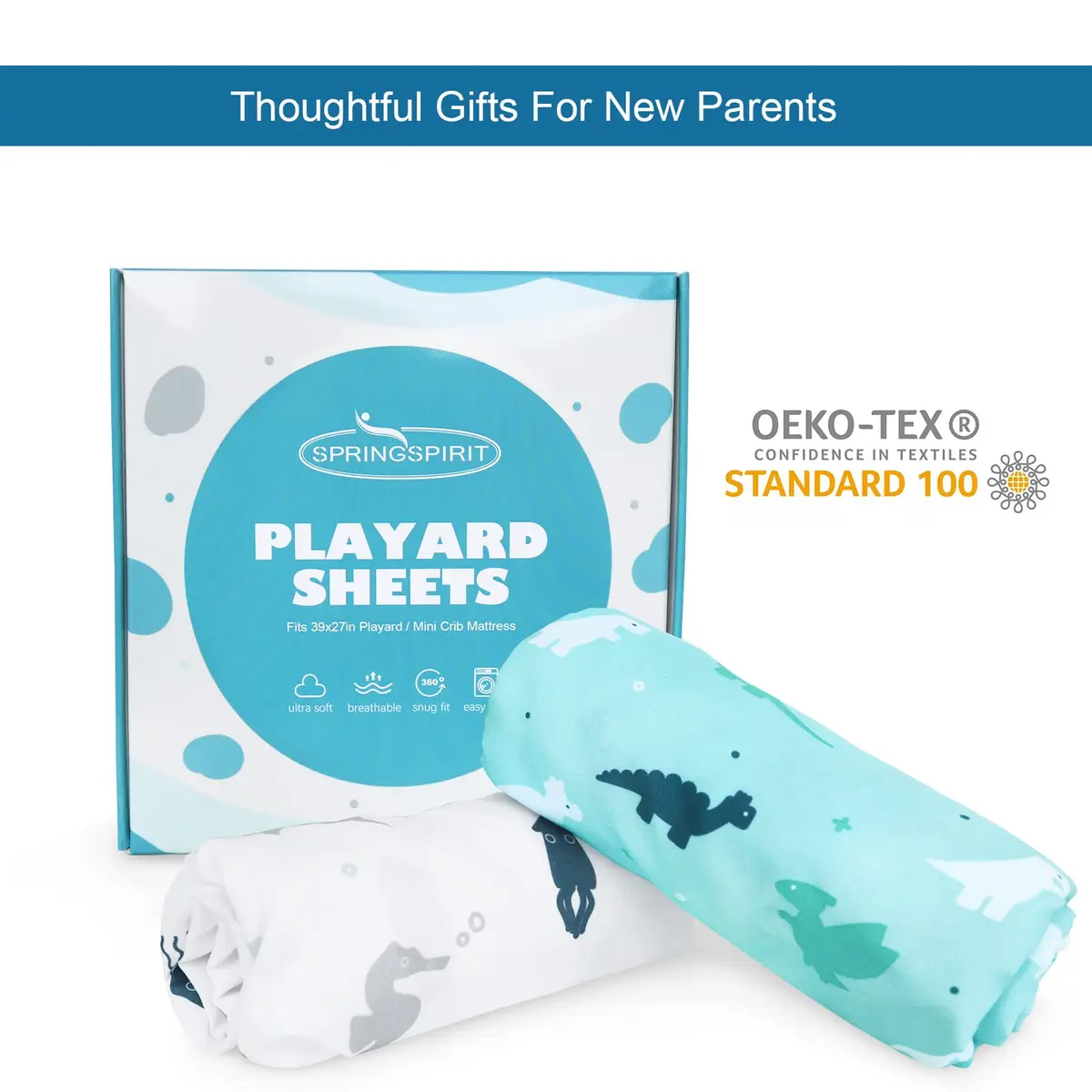 SPRINGSPIRIT Pack and Play Sheets 2-Pack | Aqua Dinosaurs & Ocean Print, 39"x27"x5" (99cm x 69cm x 13cm) - view 5
