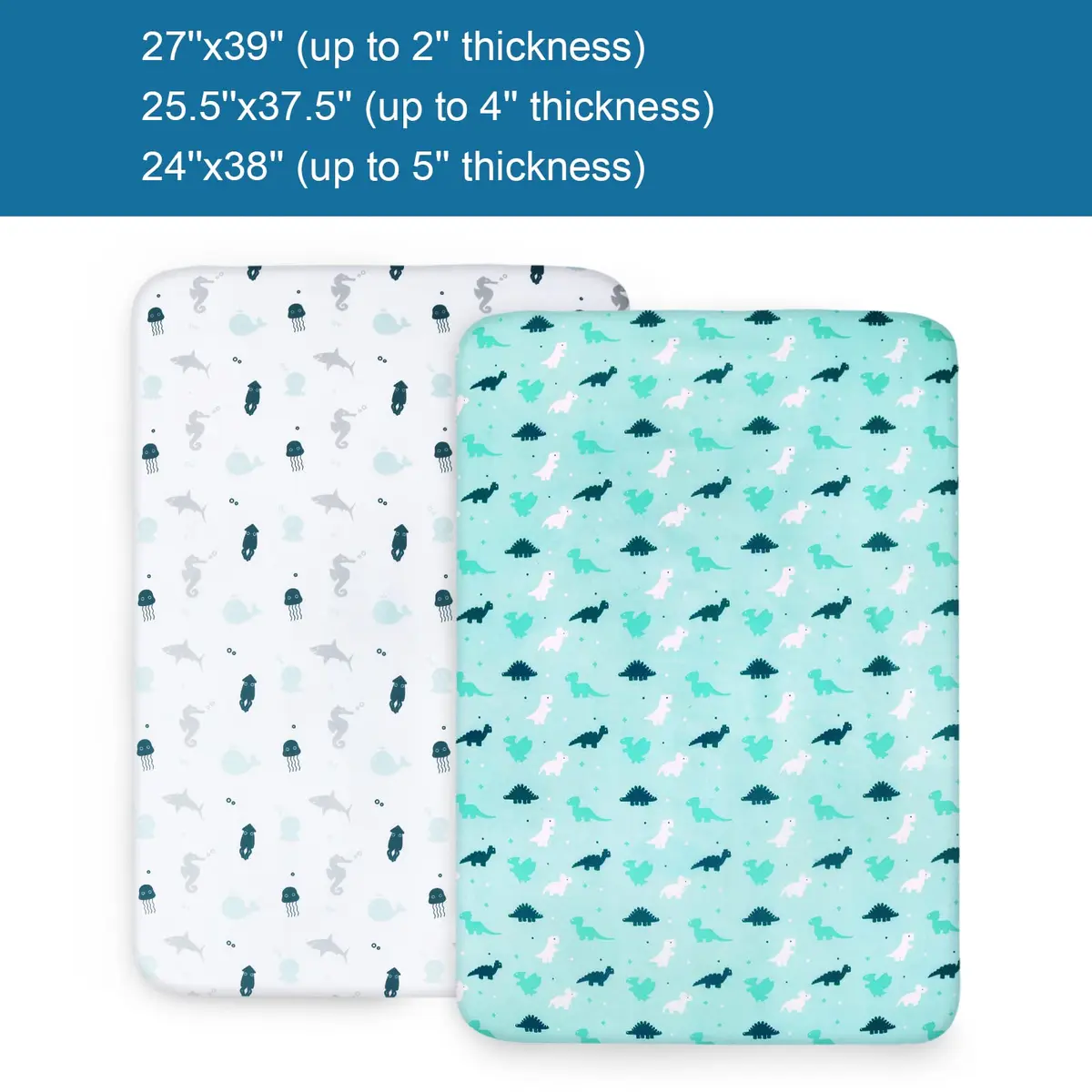 SPRINGSPIRIT Pack and Play Sheets 2-Pack | Aqua Dinosaurs & Ocean Print, 39"x27"x5" (99cm x 69cm x 13cm) - view 6