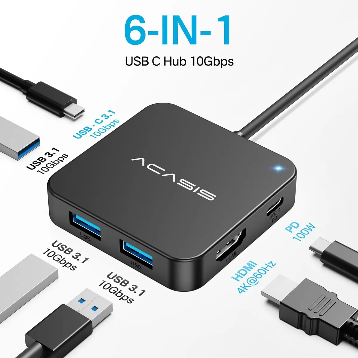 ACASIS USB C Hub 10Gbps | 6-in-1 Multiport Adapter with 4K60Hz HDMI & 100W PD - view 2