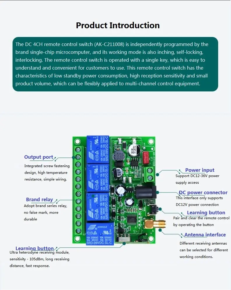 Kaleinavi Wireless Remote Control 4-Channel 12V-36V | Industrial RF Switch with 6 Modes - view 2