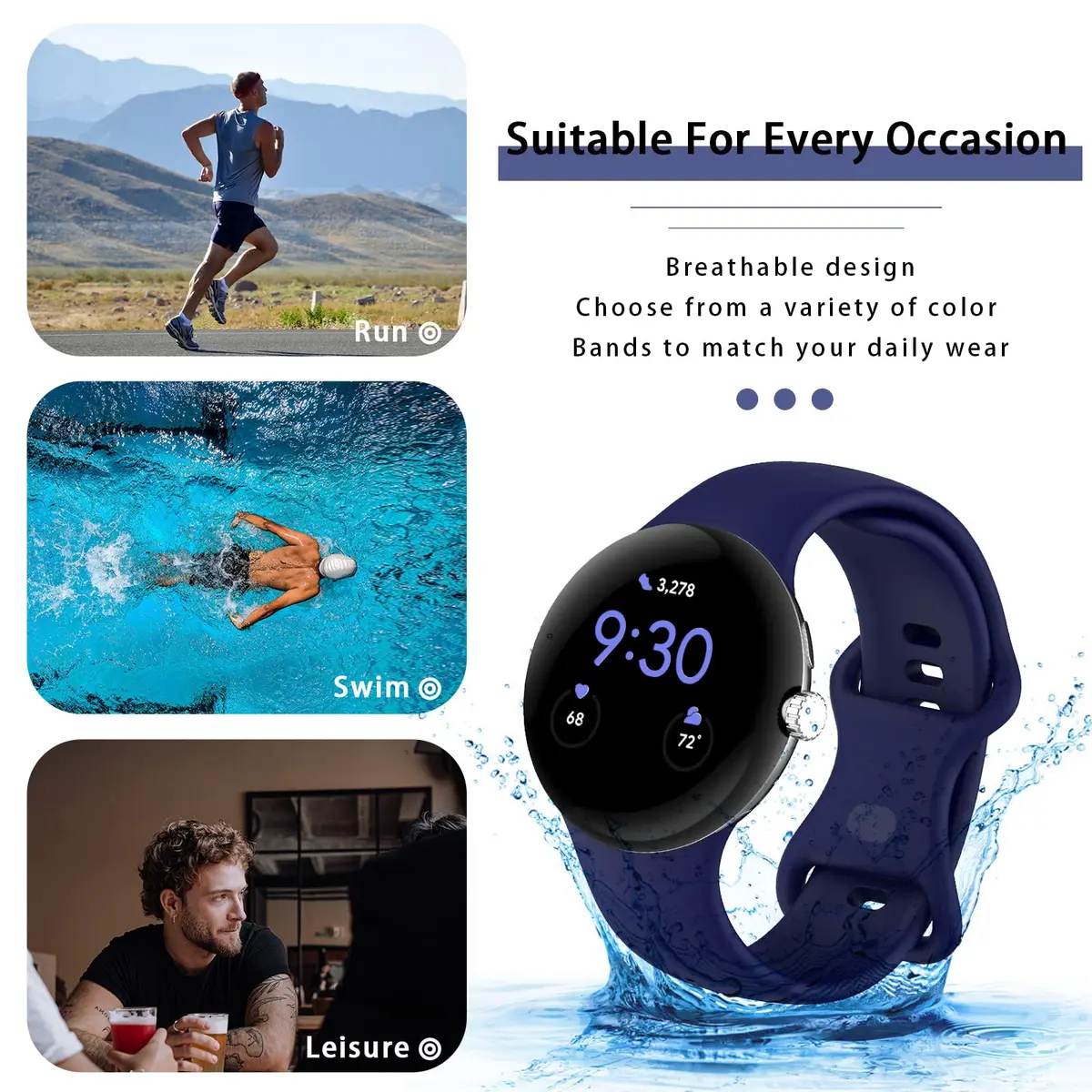 Eiavike Silicone Band for Google Pixel Watch 41mm (Large, Navy Blue) | Breathable & Durable Replacement Strap - view 5