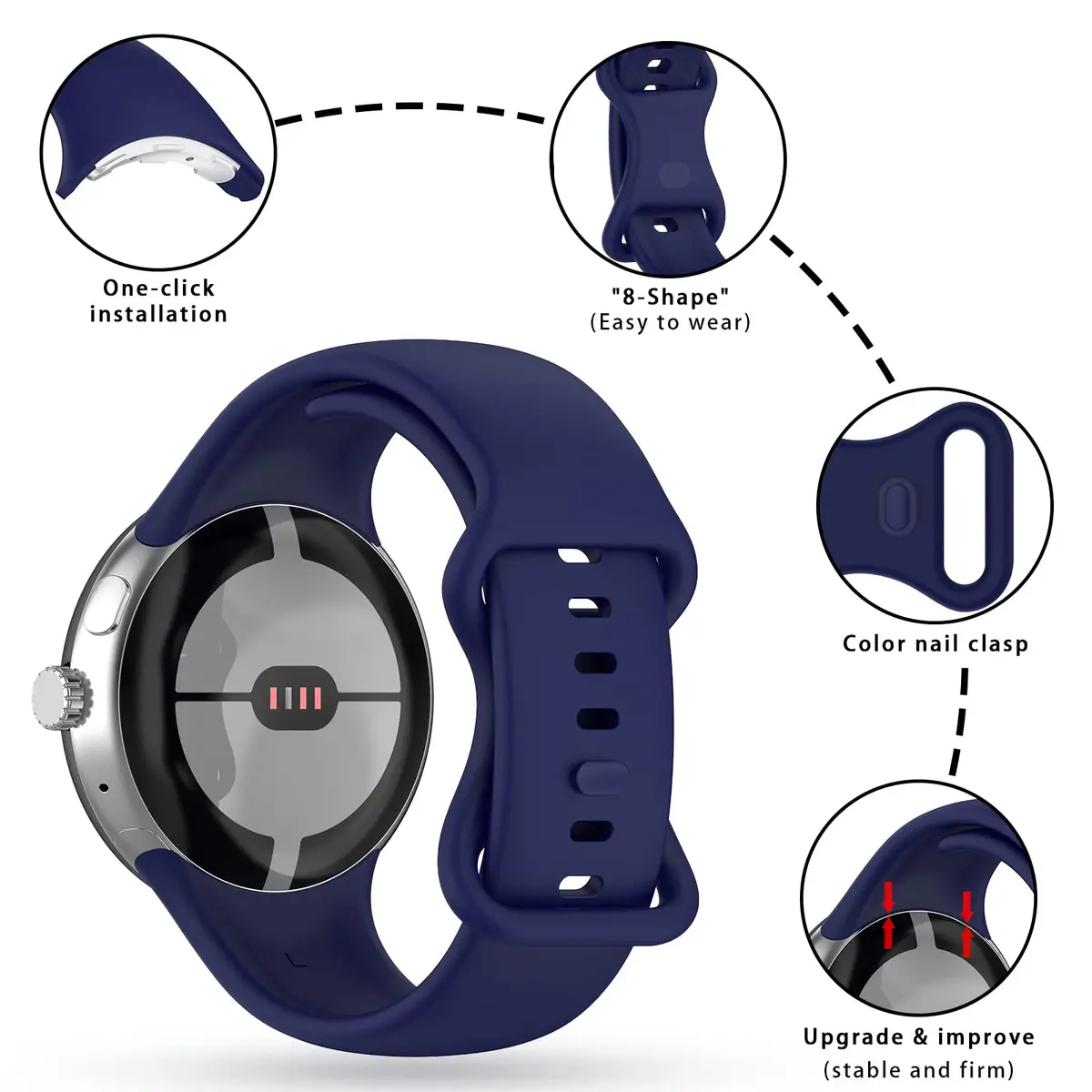 Eiavike Silicone Band for Google Pixel Watch 41mm (Large, Navy Blue) | Breathable & Durable Replacement Strap - view 2