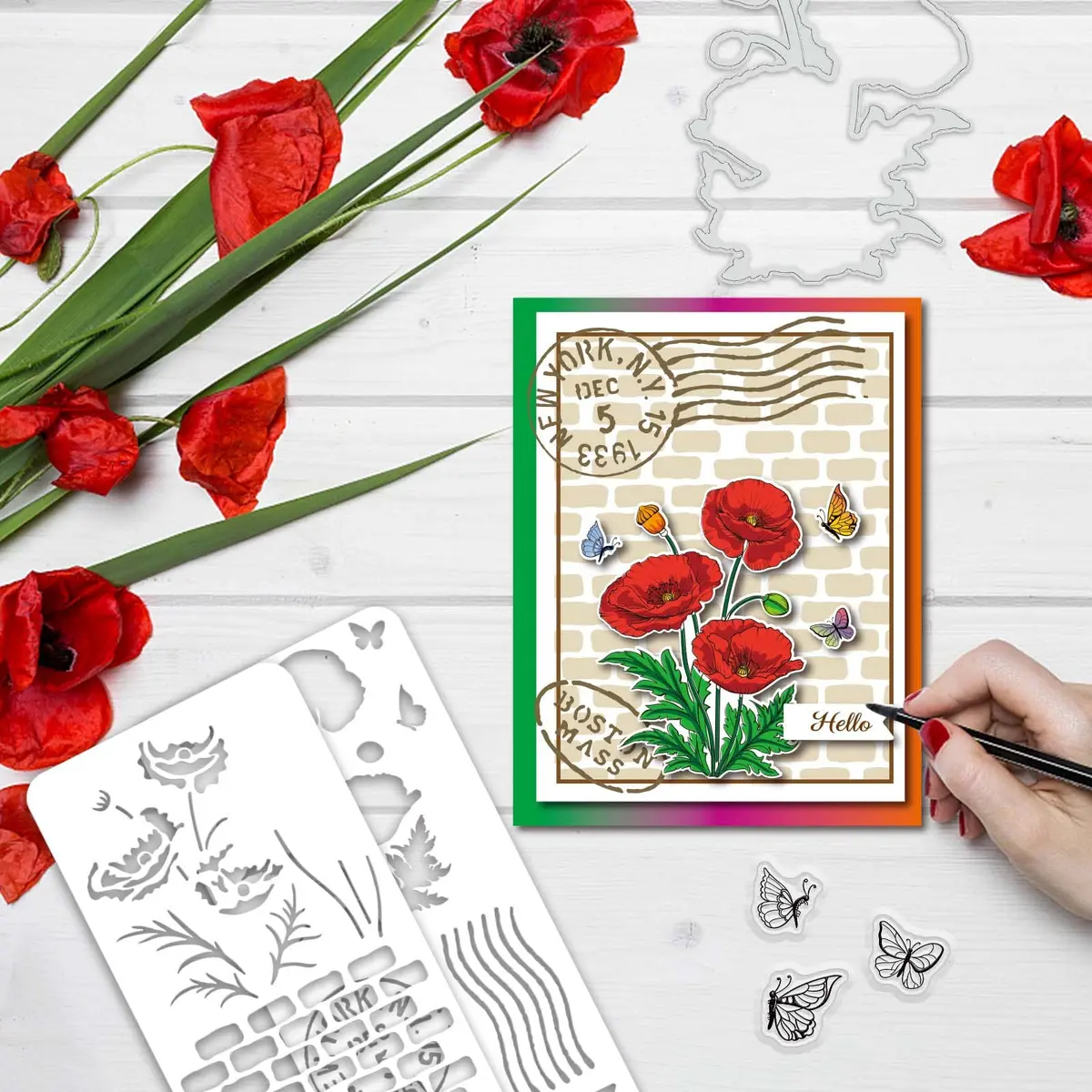 ORIGACH Realistic Corn Poppy Stamps & Dies & Layering Coloring Stencil Set | Crafting Kit for Scrapbooking & Card Making - view 5
