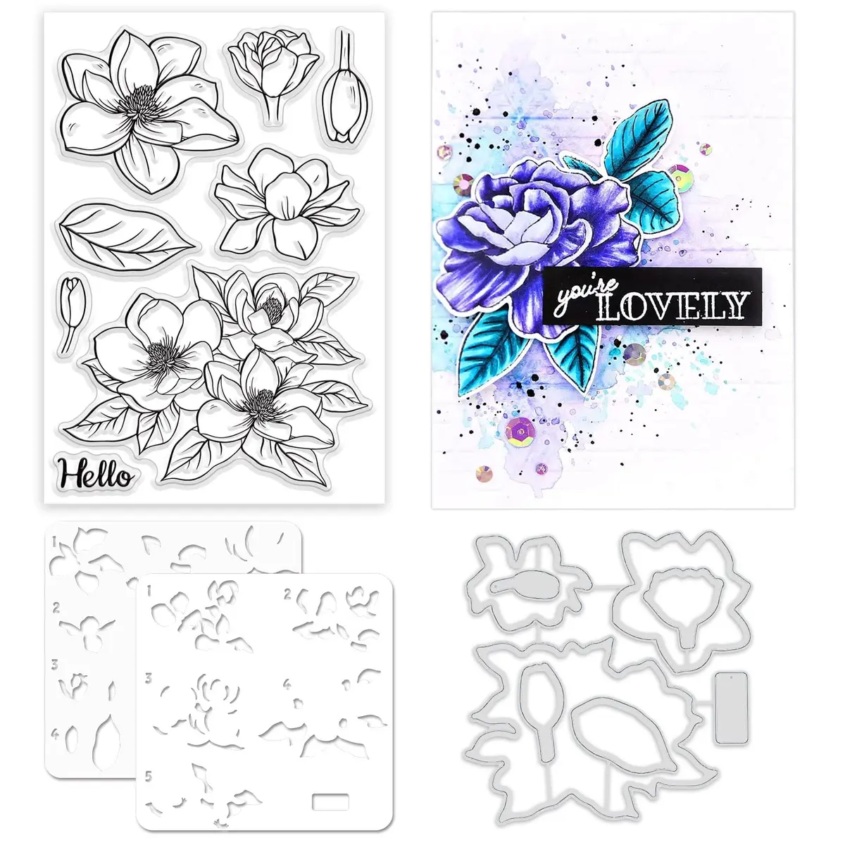 ORIGACH Realistic Magnolia Stamps & Dies & Layering Coloring Stencil Set | Scrapbooking & Card Making (70-120 chars) - main product image