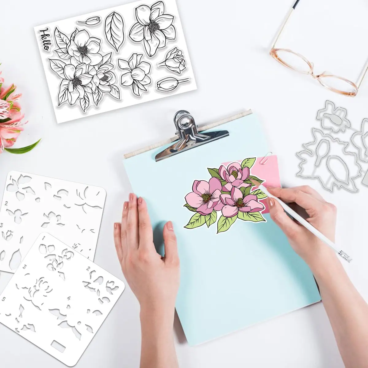 ORIGACH Realistic Magnolia Stamps & Dies & Layering Coloring Stencil Set | Scrapbooking & Card Making (70-120 chars) - view 5