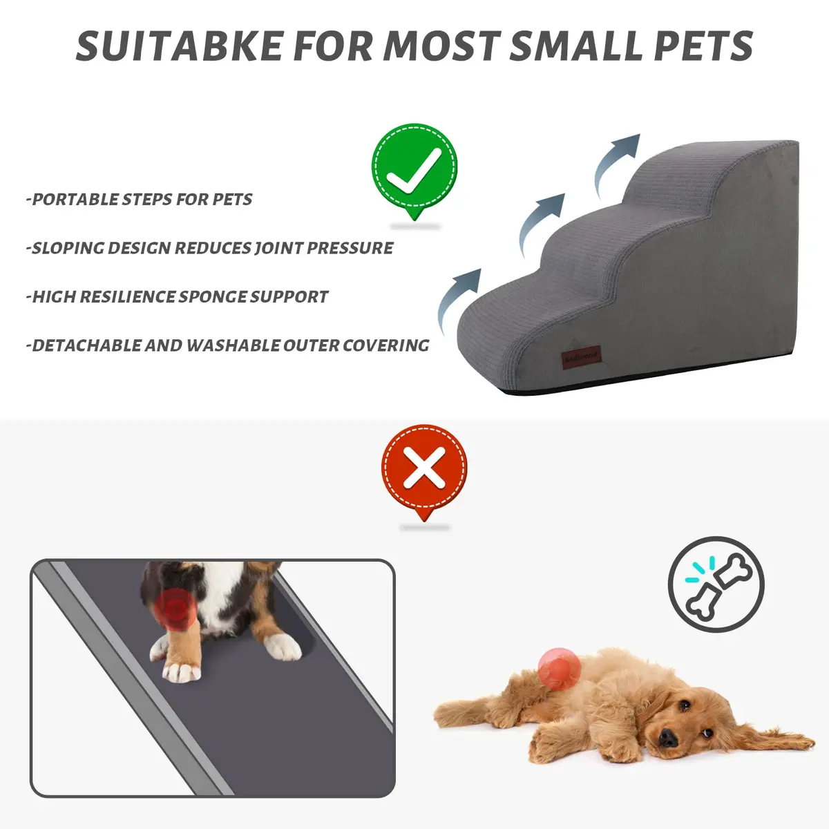 aodisman Dog Stairs for Small Dogs and Cats | 3-Step Pet Ramp for Bed & Couch with Non-Slip Design - view 4