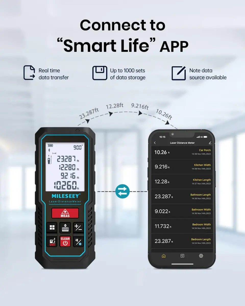 MILESEEY D5 APP Laser Measure 229ft (69.8m) with Angle Sensor & App Connectivity | Real-time Data Transfer & Floor Plan Sketching - view 2