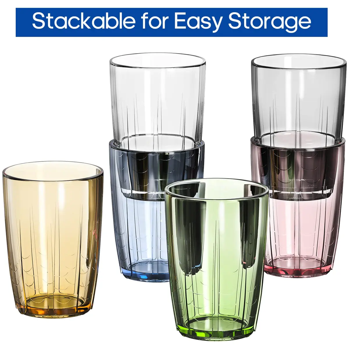ZEAYEA Set of 6 Acrylic Drinking Cups, 14 oz | Unbreakable, Reusable, Stackable Water Glasses for Indoors & Outdoors - view 8