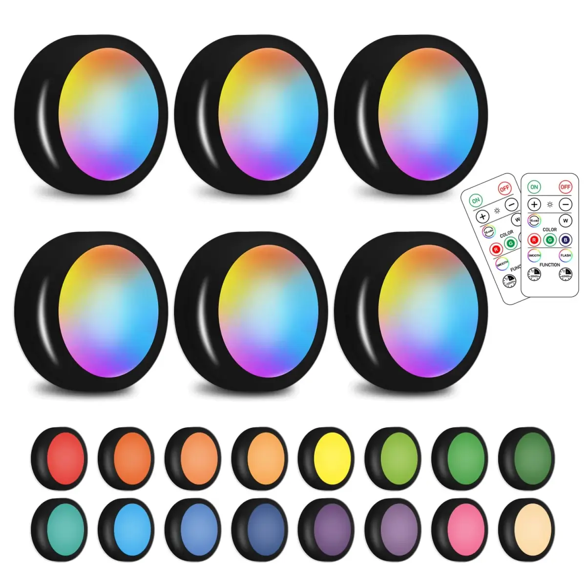 SIXDEFLY Wireless LED Puck Lights 6 Pack, 16 Color Changing, 40mm (1.57in) Diameter, Remote Control, Battery Powered - main product image