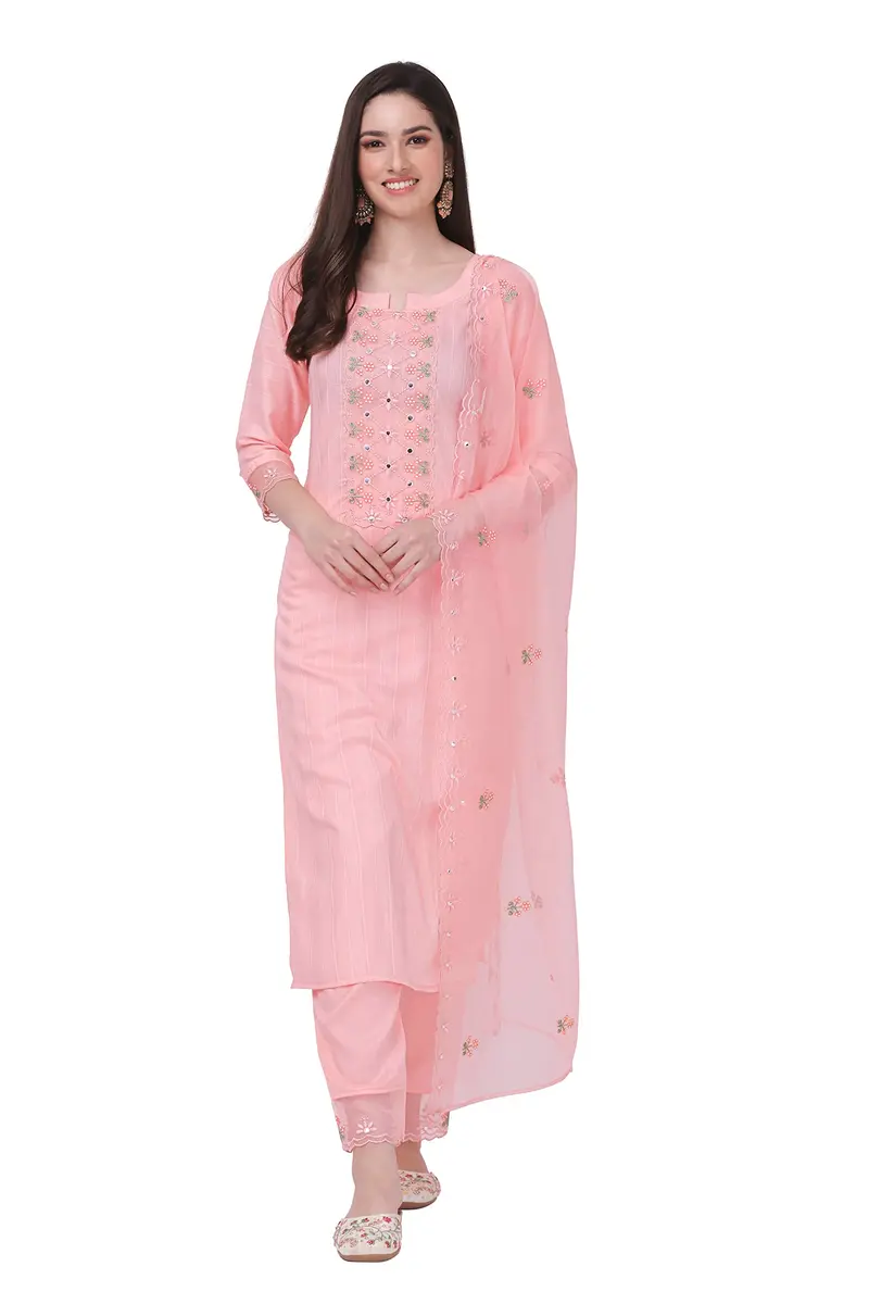 TRENDMALLS Women's Cotton Embroidery Kurta Pant Suit Set XXL Light Pink | Ready to Wear Ethnic Wear - main product image