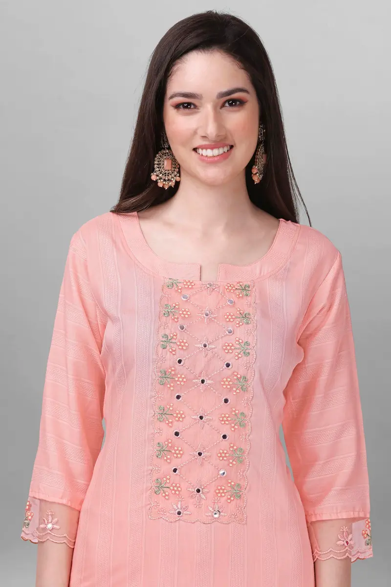 TRENDMALLS Women's Cotton Embroidery Kurta Pant Suit Set XXL Light Pink | Ready to Wear Ethnic Wear - view 6