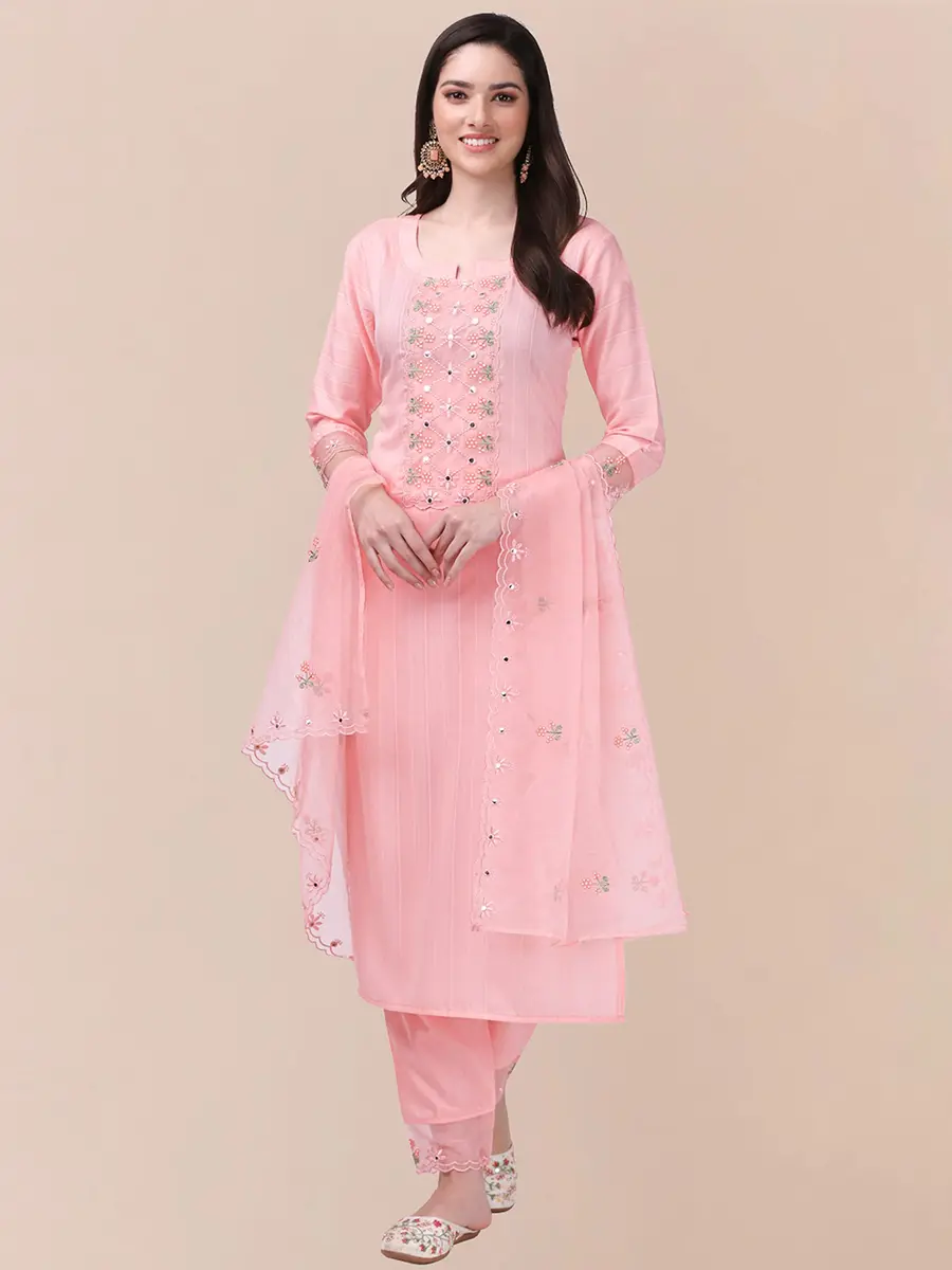 TRENDMALLS Women's Cotton Embroidery Kurta Pant Suit Set XXL Light Pink | Ready to Wear Ethnic Wear - view 4
