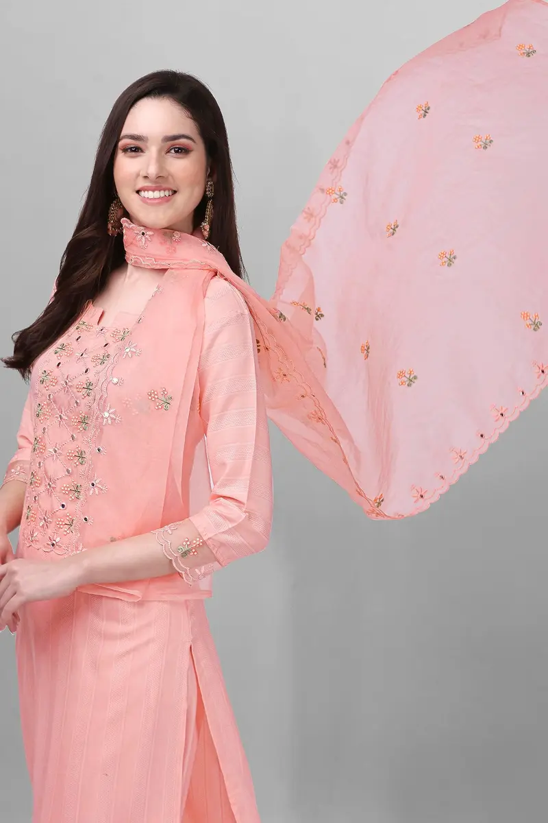 TRENDMALLS Women's Cotton Embroidery Kurta Pant Suit Set with Dupatta, Light Pink, L (40-inch Chest) - view 7