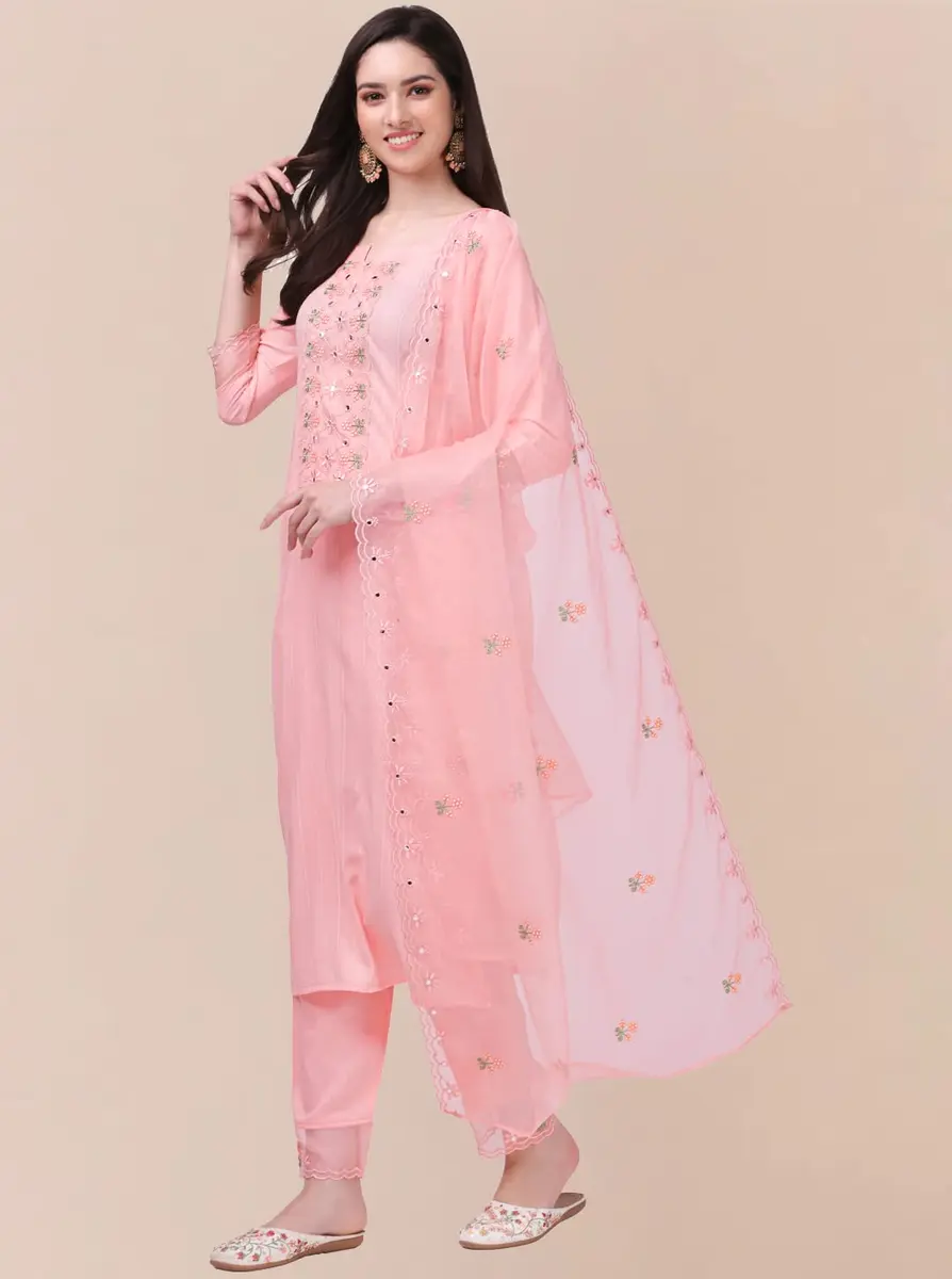 TRENDMALLS Women's Cotton Embroidery Kurta Pant Suit Set Small Light Pink | Ready to Wear 43 Inch Kurta - view 3