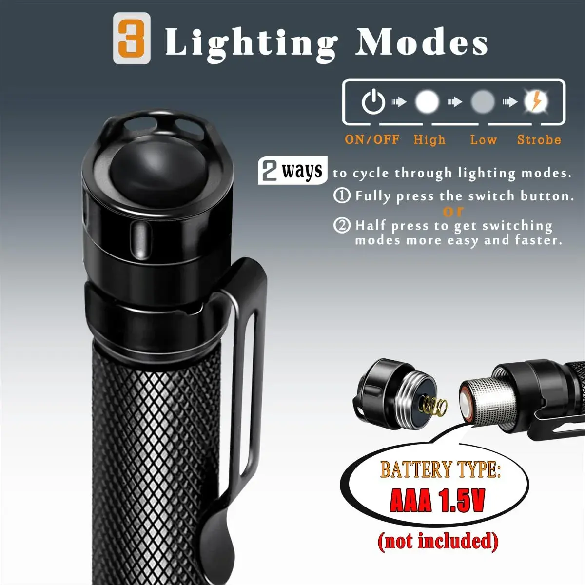 Ansyper CC LED Pen Light Flashlight 250 Lumens 3 Modes | Compact Tactical Torch with Clip - view 4