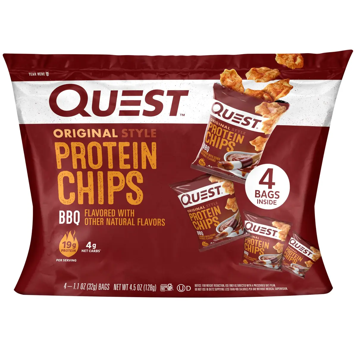 Quest BBQ Protein Chips 1.1 oz (32g) Pack of 4 | 19g Protein, 4g Net Carb, Gluten-Free - main product image