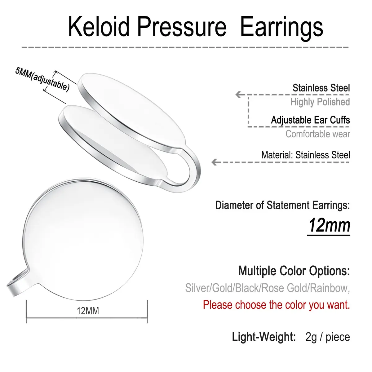 FLYUN 12MM Pressure Earrings for Keloids | Stainless Steel Non-Pierced Ear Cuff, Compression Clip, Silver (70-120 chars) - view 6
