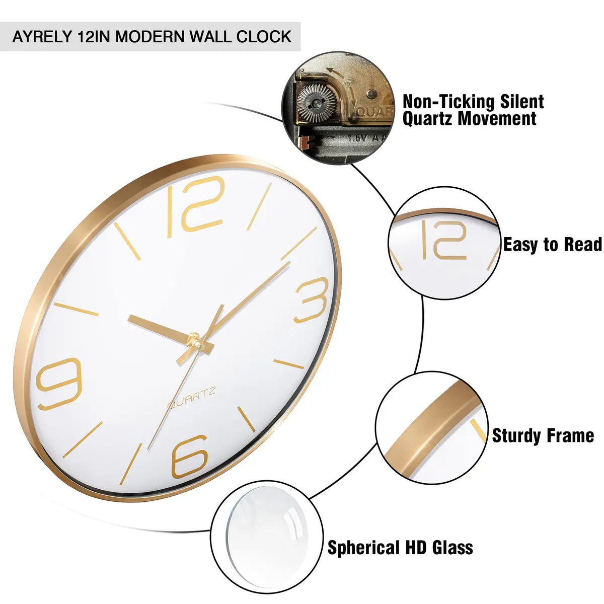 AYRELY 12 Inch Silent Wall Clock for Living Room & Bedroom | Modern Gold Metal Frame Decor - view 5