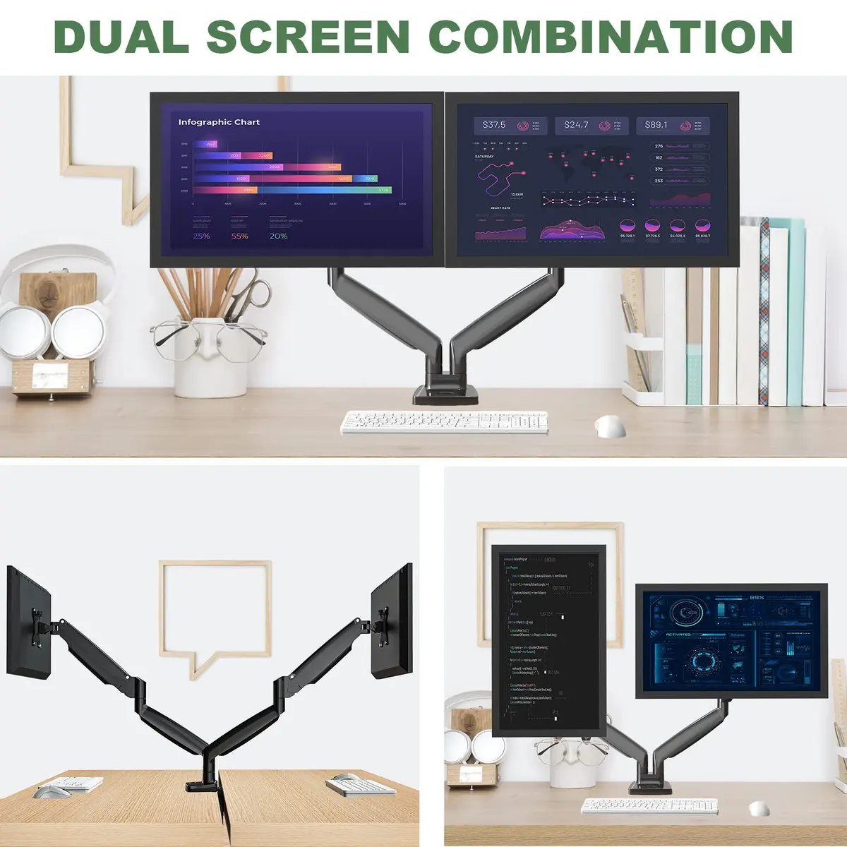 UPGRAVITY Gas Spring Dual Monitor Desk Mount for 22-34" Ultrawide Screens | Fully Adjustable, Supports 26.5lbs per arm - view 5