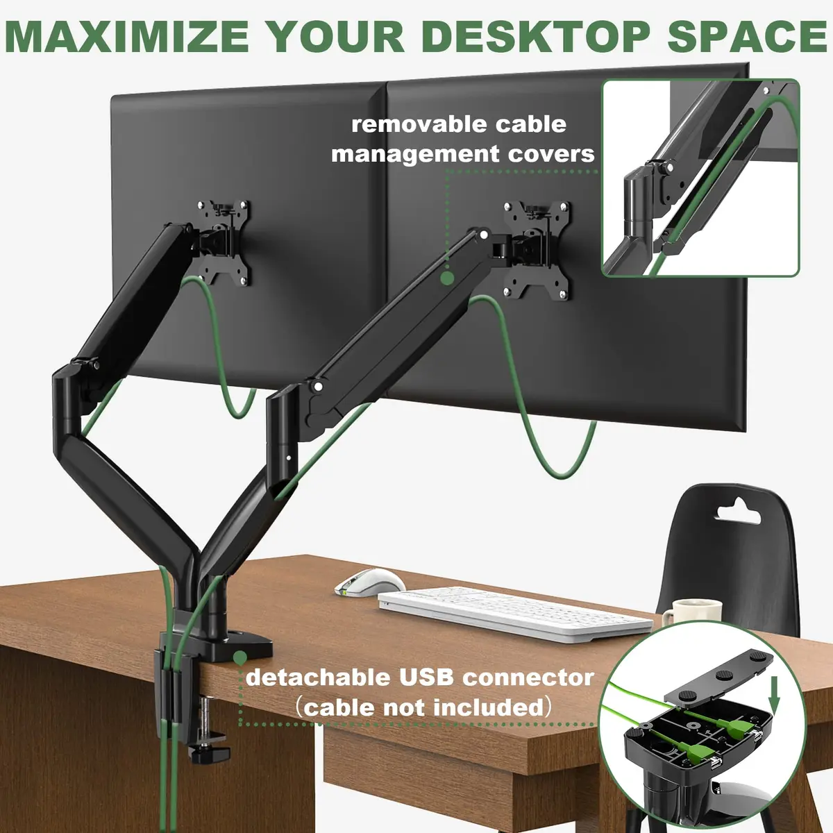 UPGRAVITY Gas Spring Dual Monitor Desk Mount for 22-34" Ultrawide Screens | Fully Adjustable, Supports 26.5lbs per arm - view 7