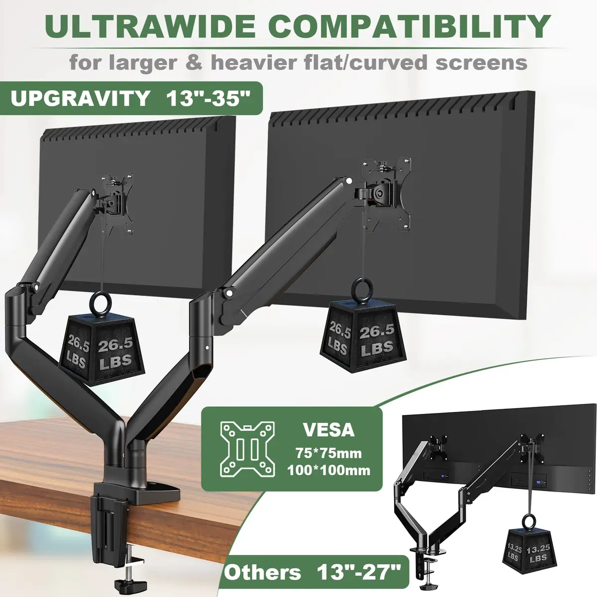 UPGRAVITY Gas Spring Dual Monitor Desk Mount for 22-34" Ultrawide Screens | Fully Adjustable, Supports 26.5lbs per arm - view 2