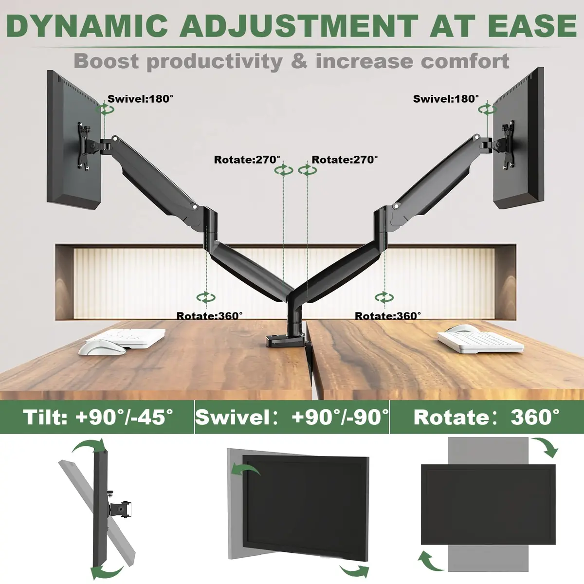 UPGRAVITY Gas Spring Dual Monitor Desk Mount for 22-34" Ultrawide Screens | Fully Adjustable, Supports 26.5lbs per arm - view 3