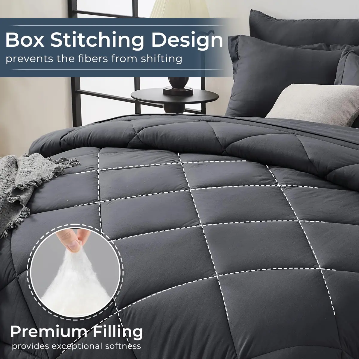 HEVUMYI 7-Piece Queen Comforter Set Dark Grey 224cm x 224cm | Cloud-Like Microfiber Bedding for All Seasons - view 4