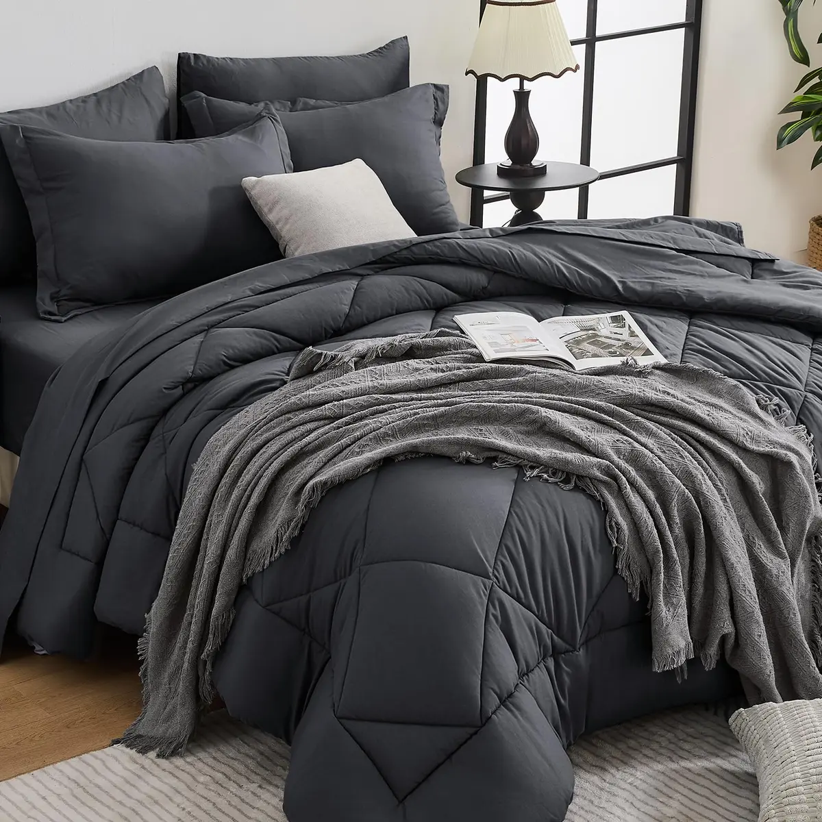HEVUMYI 7-Piece Queen Comforter Set Dark Grey 224cm x 224cm | Cloud-Like Microfiber Bedding for All Seasons - main product image