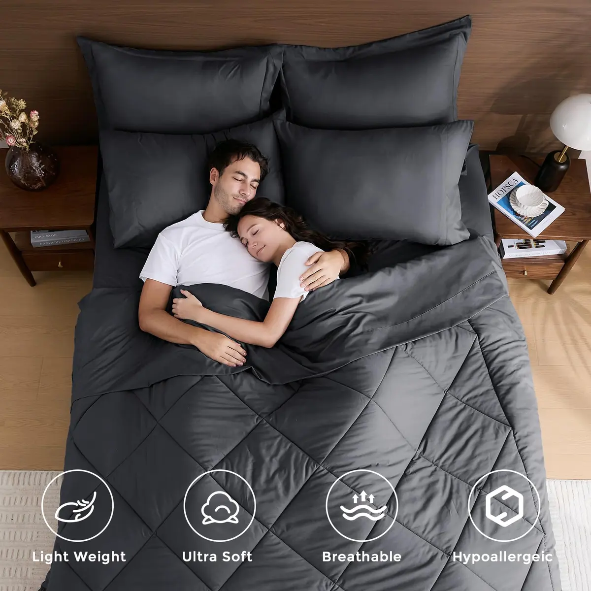 HEVUMYI 7-Piece Queen Comforter Set Dark Grey 224cm x 224cm | Cloud-Like Microfiber Bedding for All Seasons - view 2