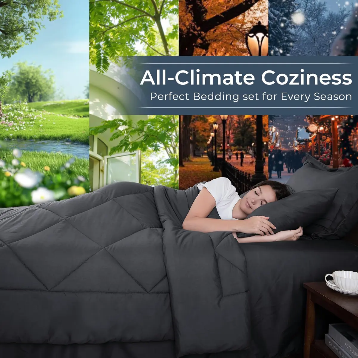 HEVUMYI 7-Piece Queen Comforter Set Dark Grey 224cm x 224cm | Cloud-Like Microfiber Bedding for All Seasons - view 3